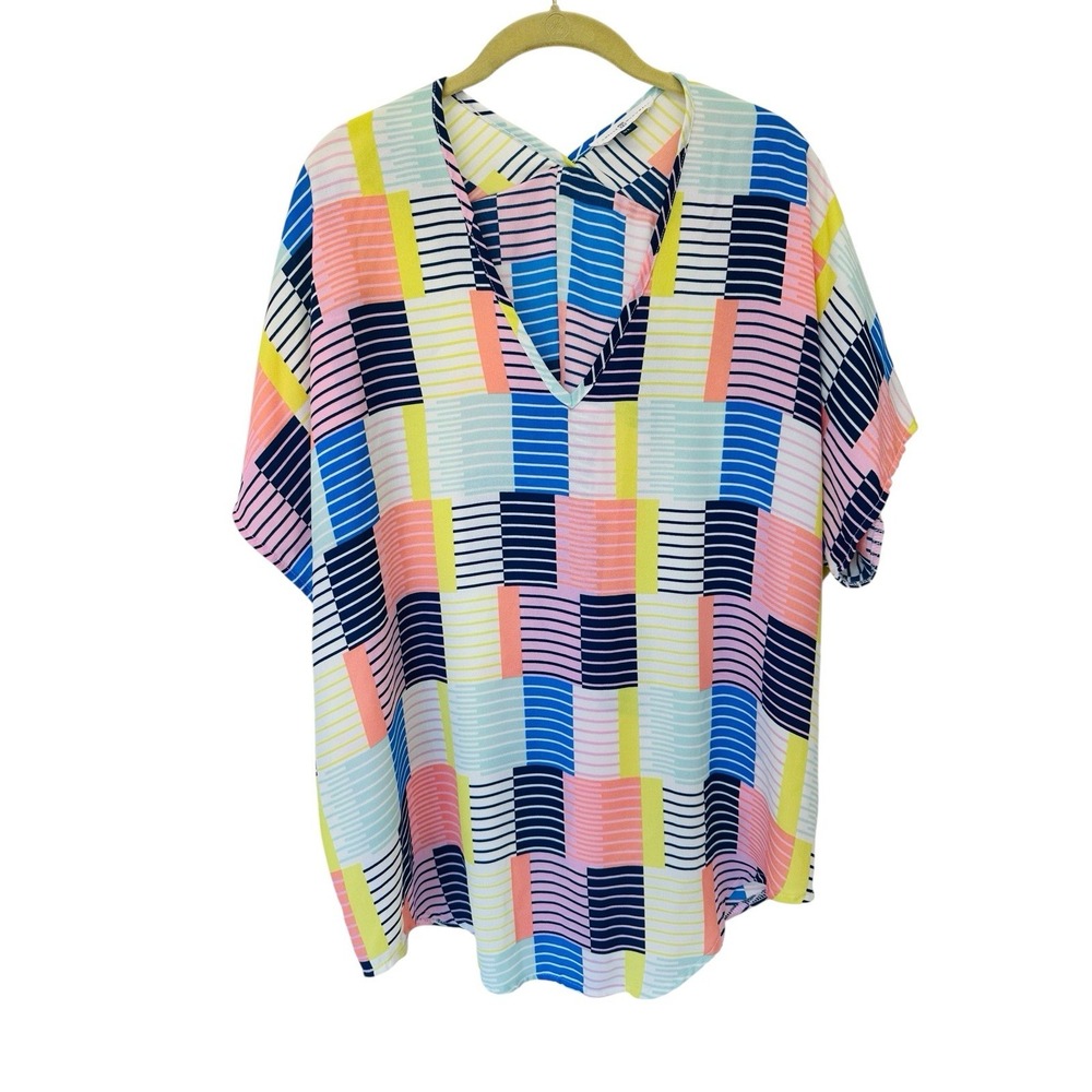 Michelle McDowell Multi Striped Design Retro Print Shirt Top Size XL V Neck